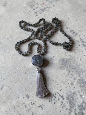 ​Boho Picasso Jasper Hand-Knotted Necklace - Grey Stone Medallion & Tassel
